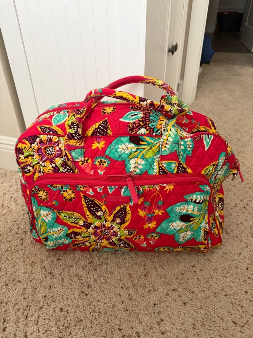 Vera Bradley Red Floral Quilted Weekender with Teal Accents